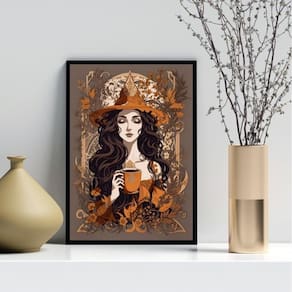 Quadro Decorativo Bruxa - Café 45X34Cm - Com Vidro