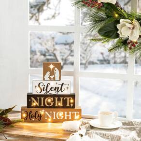 Decoração de mesa de Natal Glitzhome Wooden Signs Silent Night