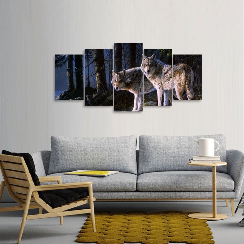 Quadro Lobos na Natureza Paisagem Mosaico 5 Peças 125x60