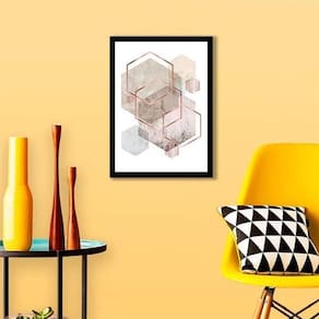 Quadro Geométrico Hexágonos Rosinhas 24X18 Com Vidro Preta