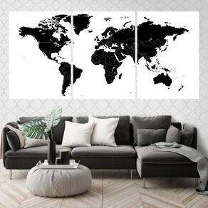 Quadros Mapa Mundi Preto Moldura Branca 24X18Cm 3 Peças