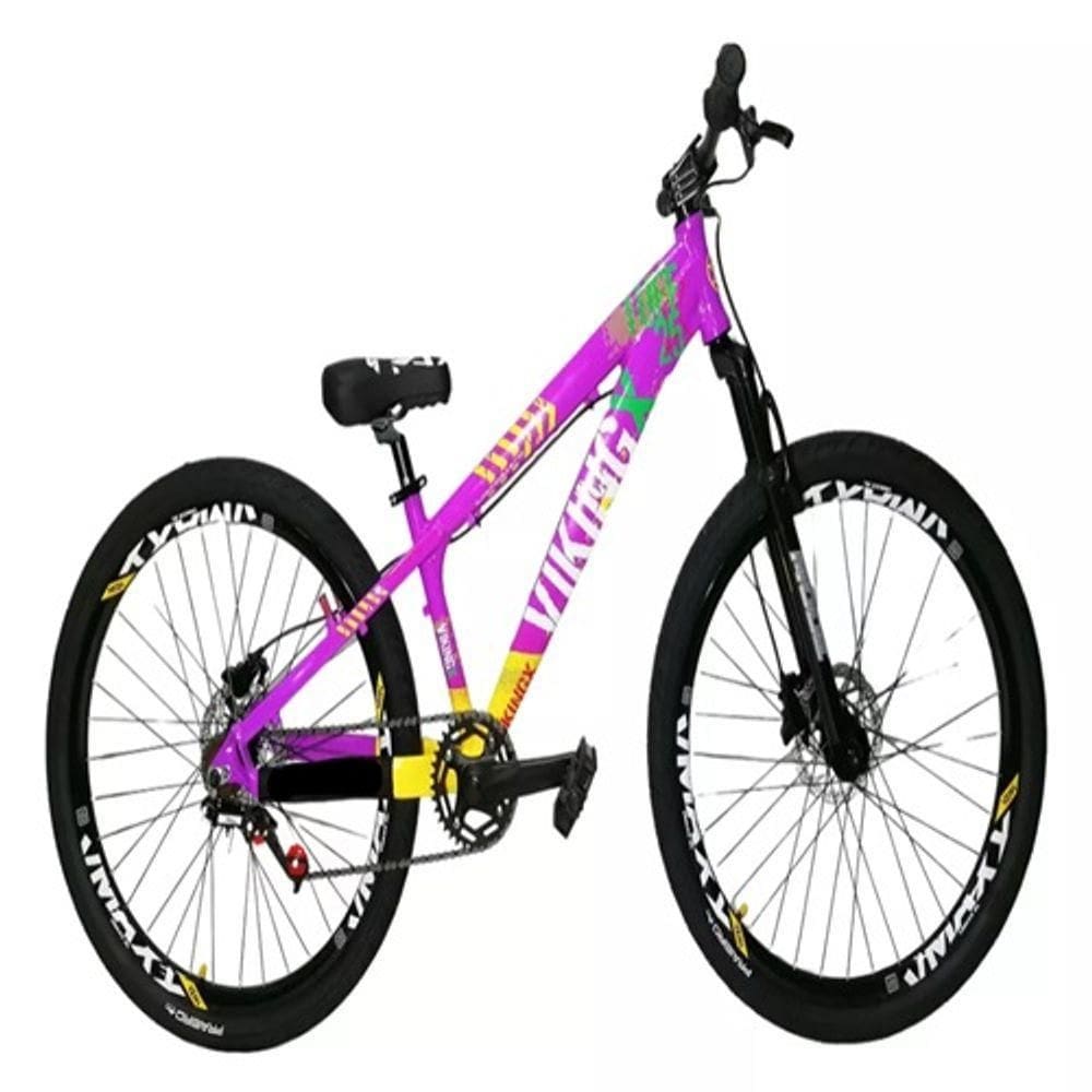 Bicicleta Vikingx Lílas Amarelo Aro 26 Single Wheeling Freio Hidráulico