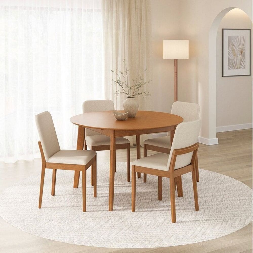 Kit Mesa de Jantar Extensível Redonda Tarsila e 4 Cadeiras Pequi Cabecasa Madeiramadeira Champagne/Castanho/Bege