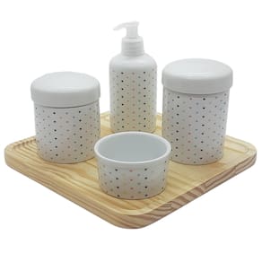 Kit higiene bebê Poá 5 pçs - Molh. Poá Porcelana e Bdj Pinus
