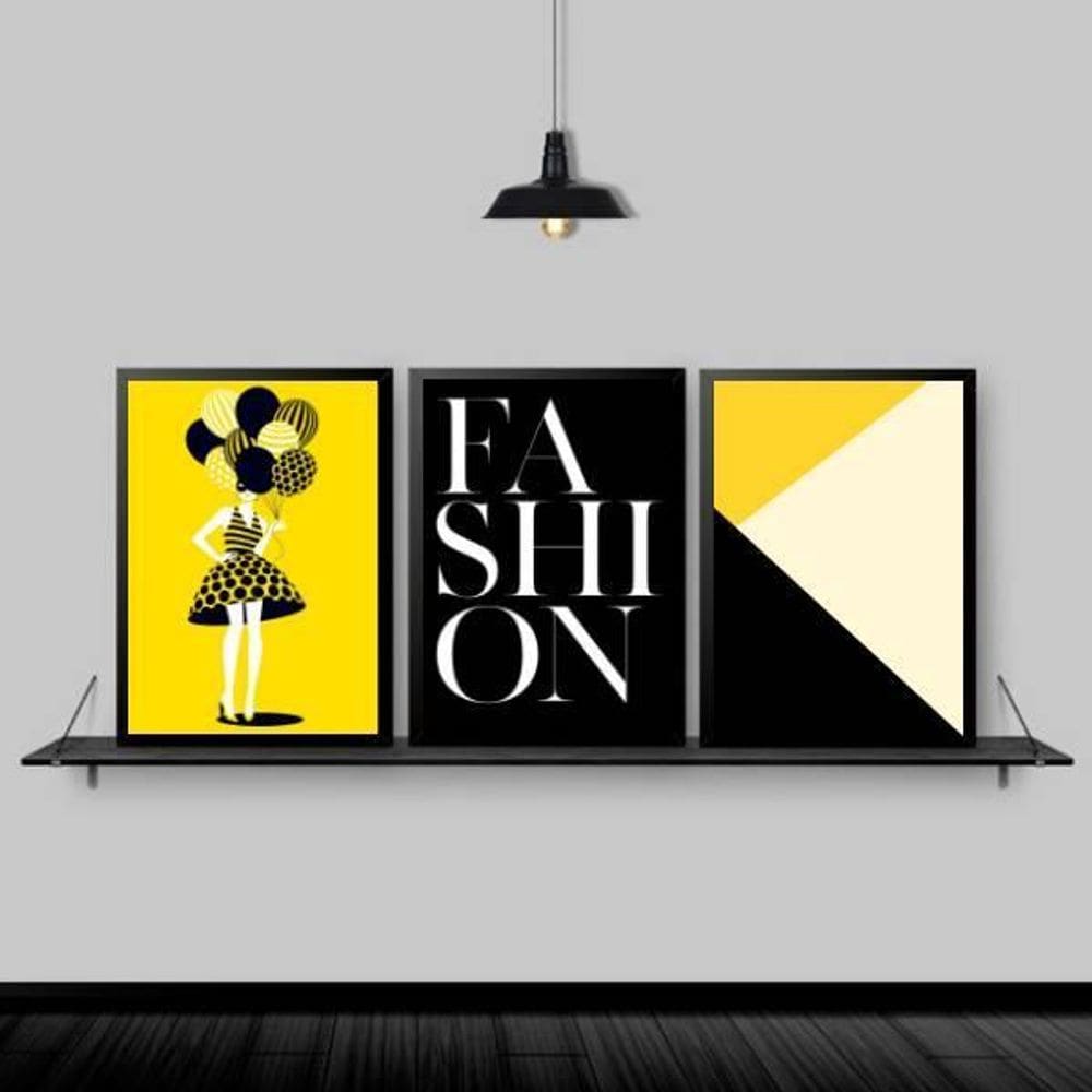 Kit 3 Quadros Fashion Preto E Amarelo 45X34Cm Moldura Preta