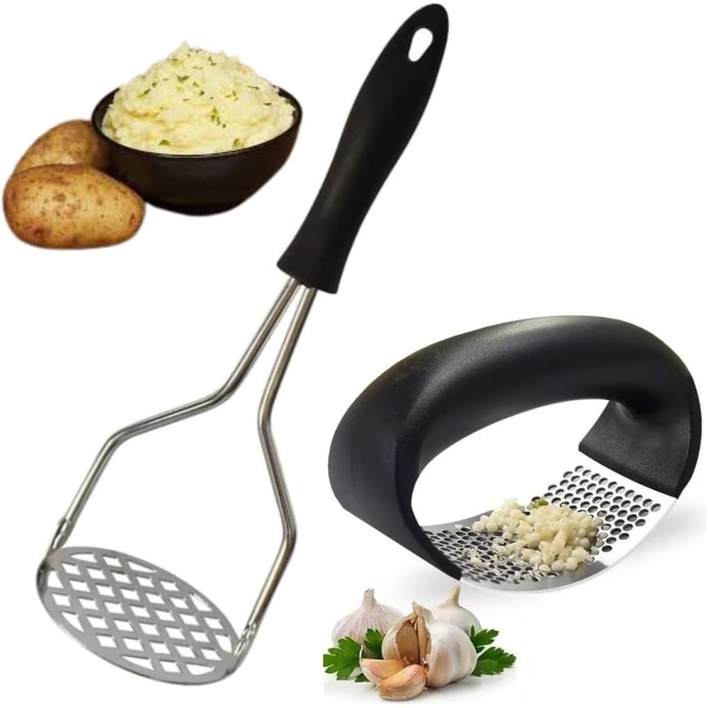 Kit 2 Peças Amassador Espremedor Triturador de Alho e Amassador de Batatas Purê Legumes Feijão Inox