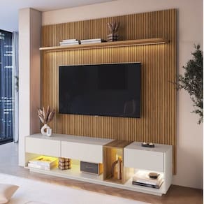 Rack com Painel para Tv até 75 Polegadas Liverpool Ra8001 com Led e Impressão Ripada 3d Pinho/ Mel/ Arenas