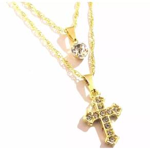 Colar Cordão Duplo Crucifixo Religioso Folheado