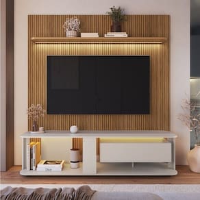 Rack com Painel para Tv até 75 Polegadas com Led Impressão Ripada 3d Pinho/Arenas