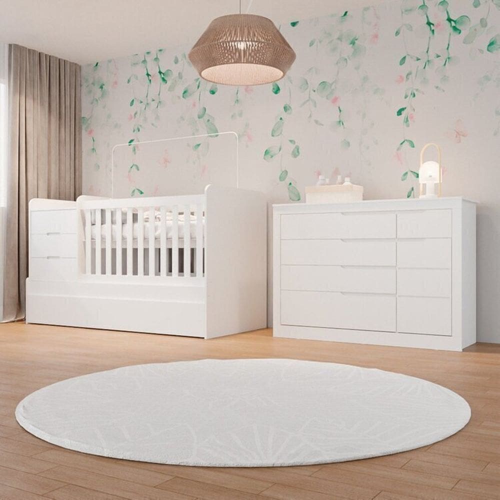 Conjunto Quarto Infantil 1 Cômoda Fraldário 1 Porta 5 Gavetas 1 Berço Multifuncional Cléo Branco