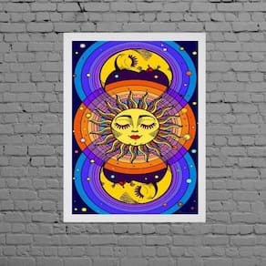 Quadro Místico Sol E Lua Colorido 45X34Cm Moldura Branca