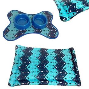 Kit Pet Azul- Colchonete, Tapete, Comedouro E Bebedouro - M