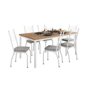 Conjunto de Mesa Retangular com Tampo de MDP Amadeirado e 6 Cadeiras Adriana Revestimento Sintético Grafite e Branco
