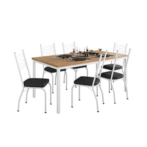 Conjunto de Mesa Retangular com Tampo de MDP Amadeirado e 6 Cadeiras Adriana Revestimento Sintético Preto e Branco