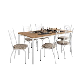 Conjunto de Mesa Retangular com Tampo de MDP Amadeirado e 6 Cadeiras Adriana Revestimento Sintético Marrom e Branco