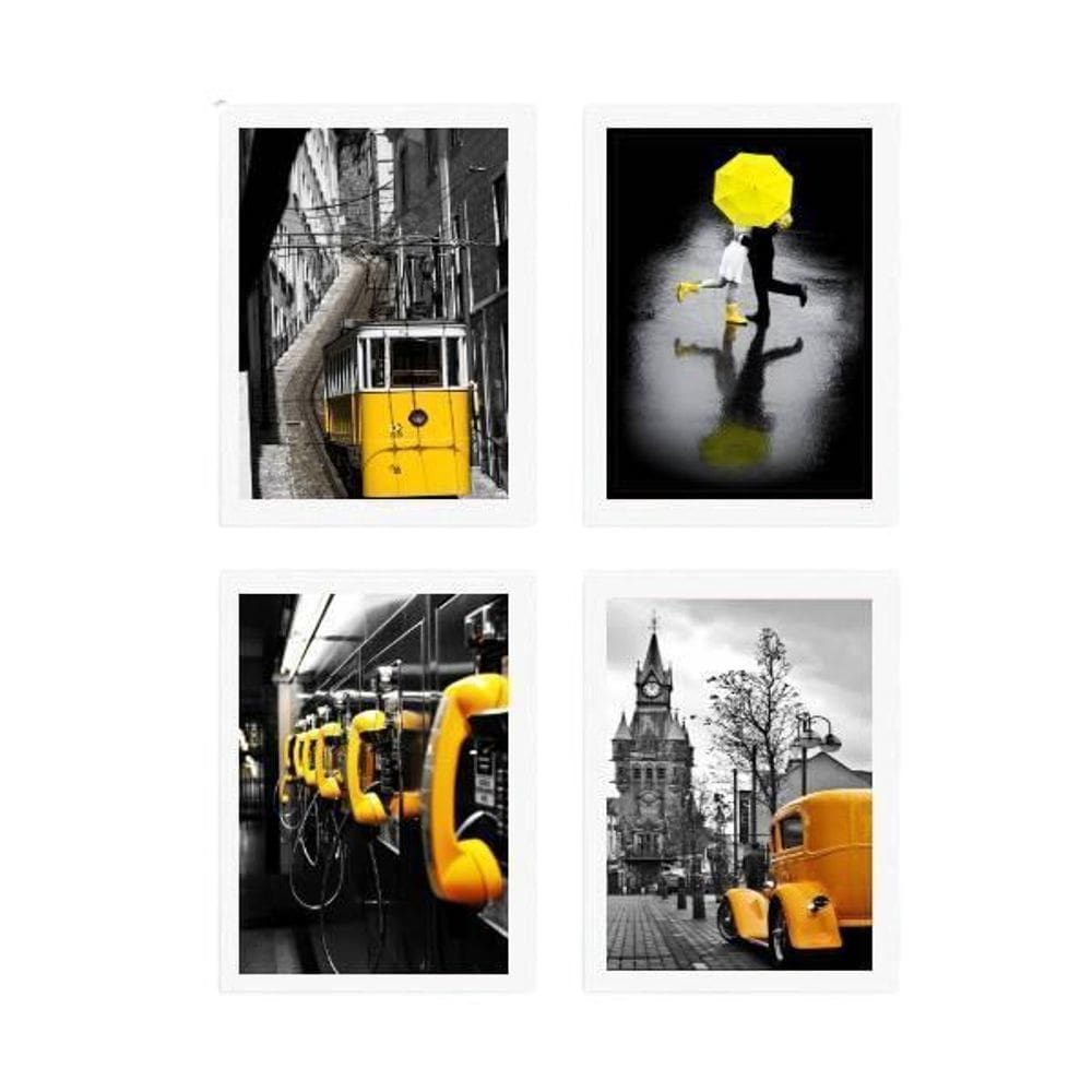 Kit 4 Quadros Fotografias Amarelas 33X24Cm Com Vidro Branca