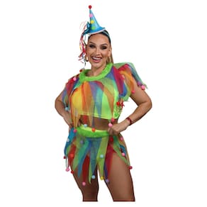 Fantasia Kit Palhacinha Cosplay Palhaça Colorida Adulto Colombina Carnaval Bloquinho Aniversário Festa Circo Picadeiro