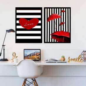 Kit 2 Quadros Love Listras Preto/Vermelho 45X34 Vidro Preta