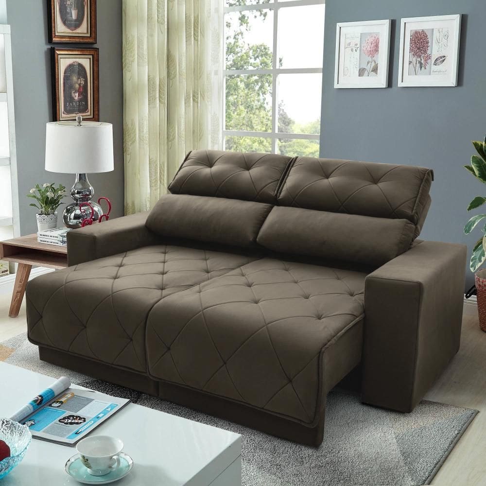 Sofá Retrátil Reclinável Belga 1,80m Suede Velut Tabaco Molas no Assento