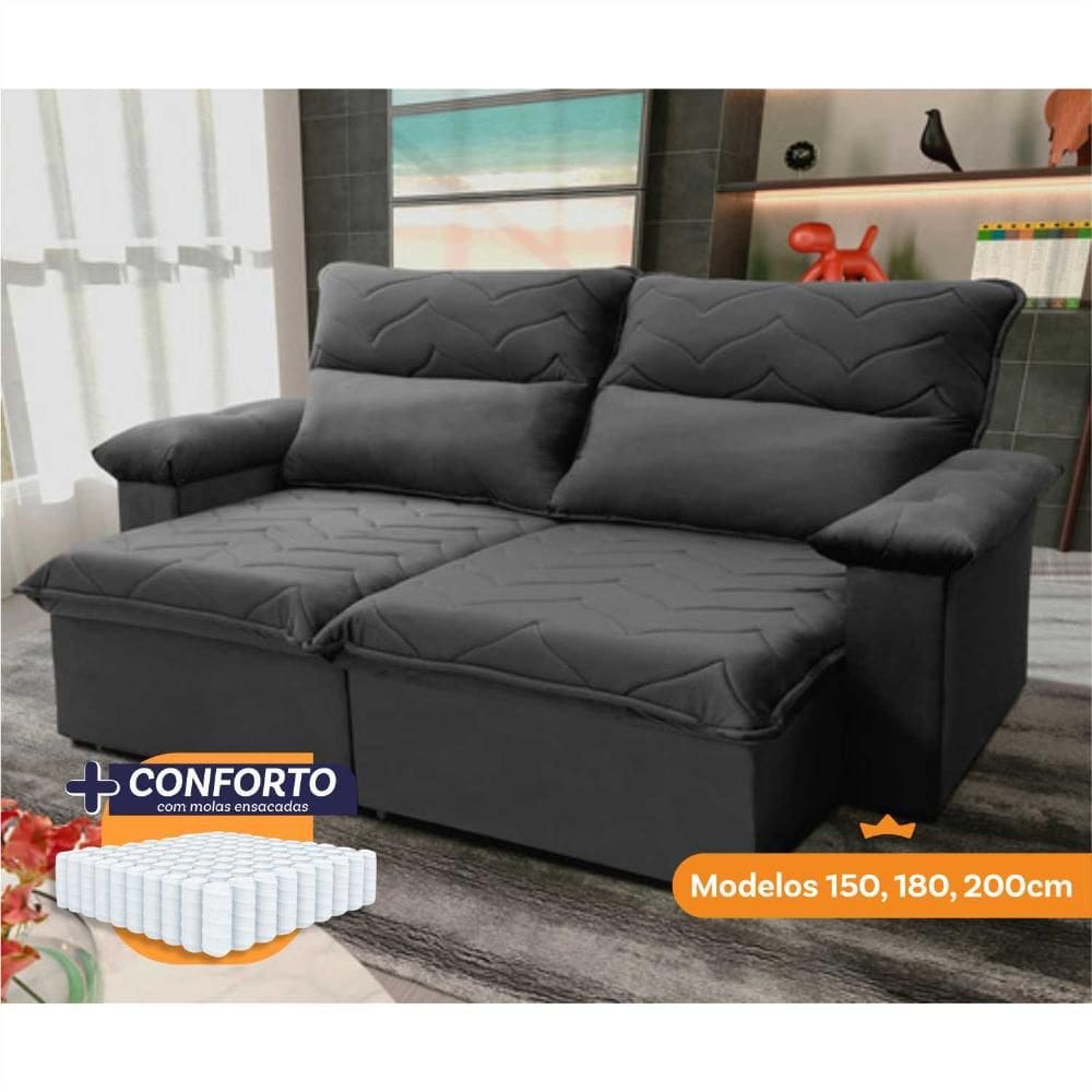 Sofá Retrátil Reclinável Paris 1,50m Suede Velut Cinza Molas Ensacadas - King House