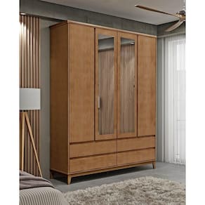 Guarda-Roupa Casal 4 Portas Espelhos 4 Gavetas Prata Freijó Madeira Pinus com MDF - Finestra