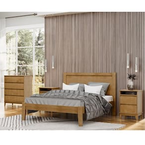 Conjunto Quarto: Cama Casal Cômoda 4 Gavetas 2 Mesas Cabeceiras Prata Freijó Madeira Pinus - Finestra
