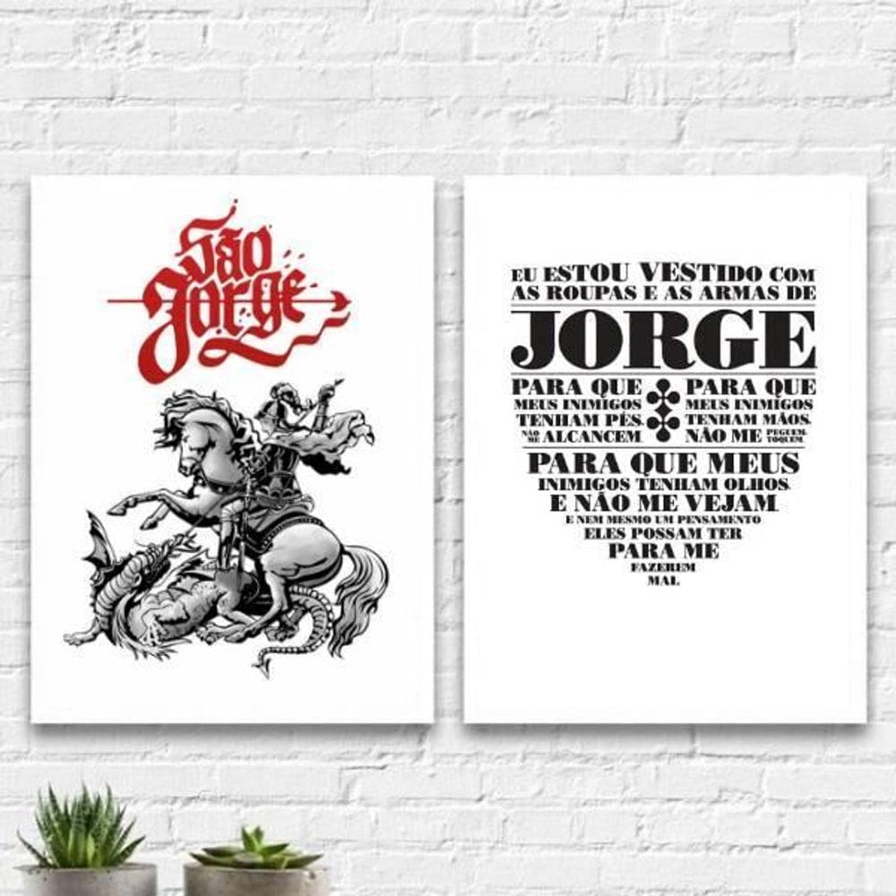 Kit 2 Quadros Decorativos São Jorge 33X24Cm Moldura Branca