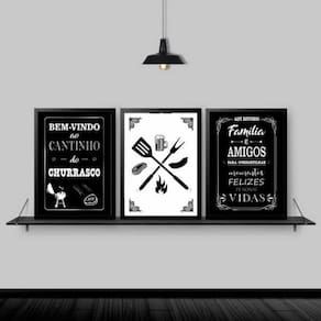 Kit 3 Quadros Churrasco 24x18cm Moldura Madeira Preta