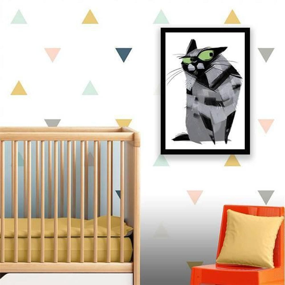 Quadro Decorativo Gato Desconfiado 24X18 Com Vidro - Preta