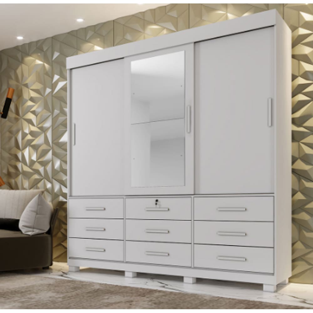 Guarda Roupa Londres 3 Portas 9 Gavetas com Espelho Benetil Móveis - Branco