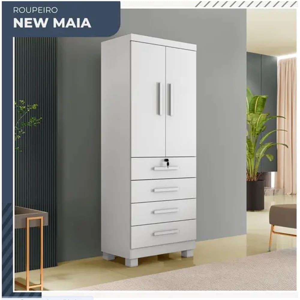 Guarda Roupa New Maia 2 Portas 4 Gavetas com Chave Benetil Móveis - Branco