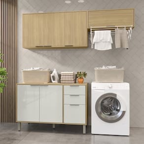 Lavanderia Modulada com 2 Armários Aereos e 1 Balcão com Tampo Glória Castanho/Off White
