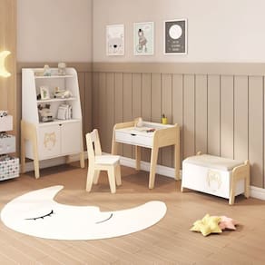 Conjunto Infantil 1 Estante 1 Mesa 1 Cadeira e Baú Corujinha Casatema Branco/Natural