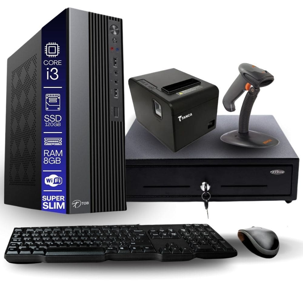 Kit Automação PDV TOB Intel i3 8GB SSD 120GB Win10 Rede S/Fio Teclado Mouse Gaveta Dinheiro Impressora Térmica Leitor Código de Barras