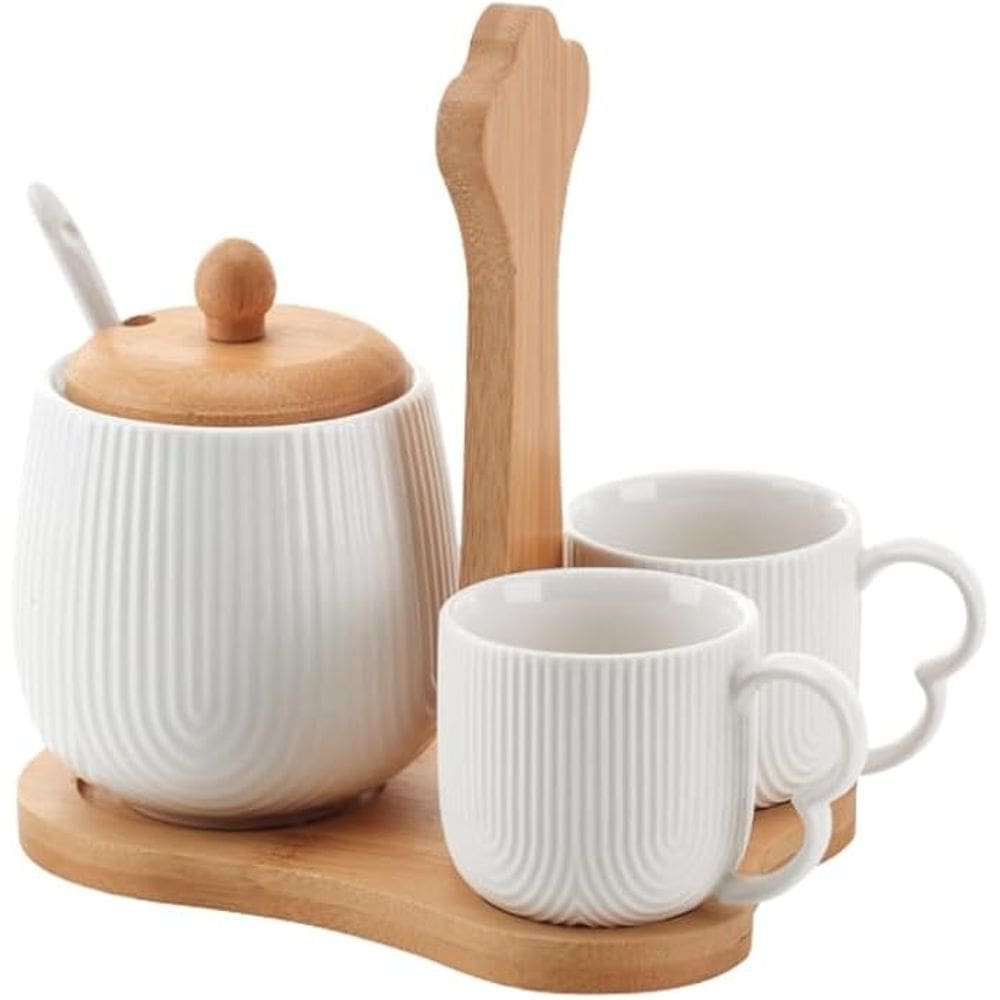 Conjunto 2 Xicaras de Café com Açucareiro em Cerâmica e Suporte em Bambu Oásis Haüskraft
