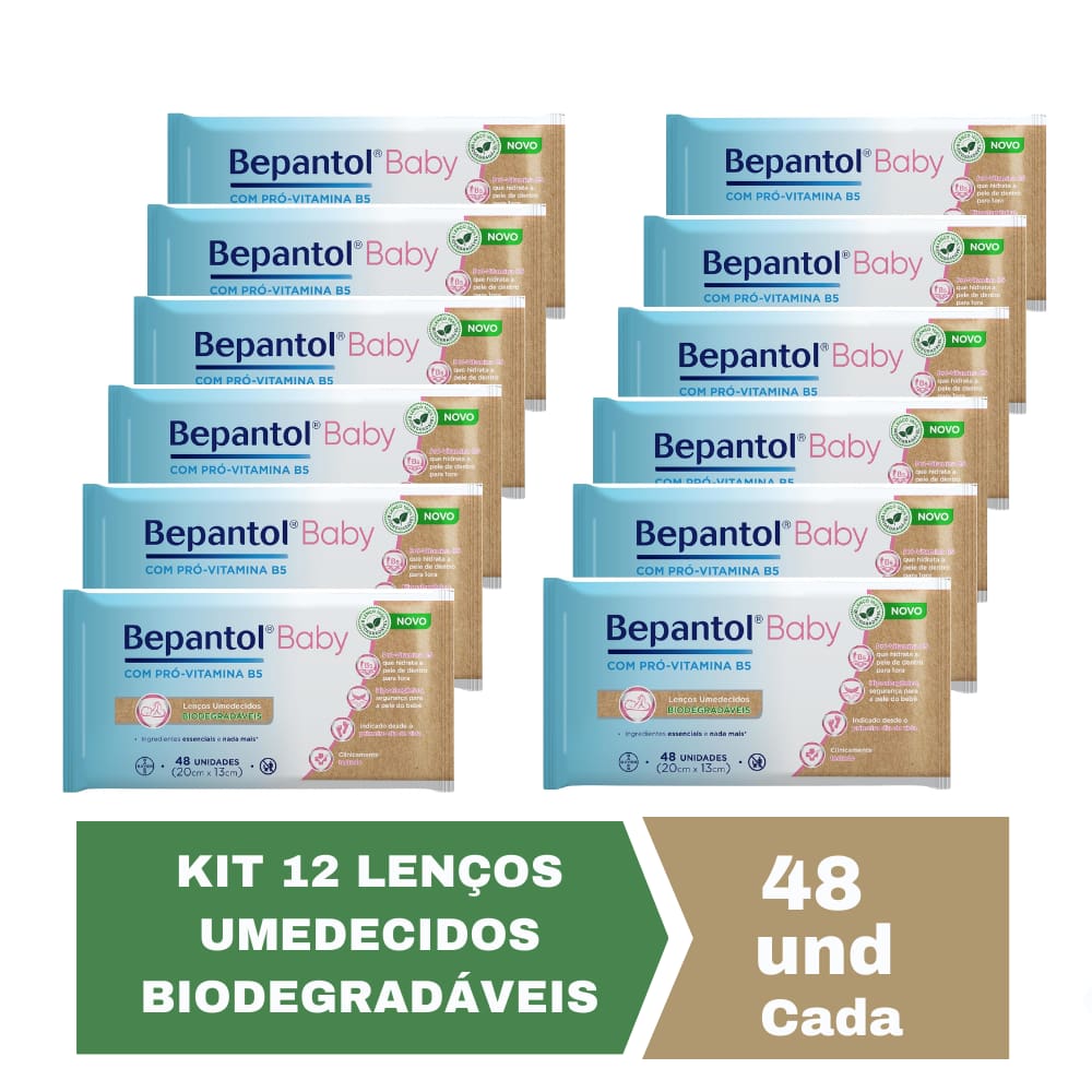 Kit c/ 12 Lenços Umedecidos Biodegradável 48un Cada Bepantol