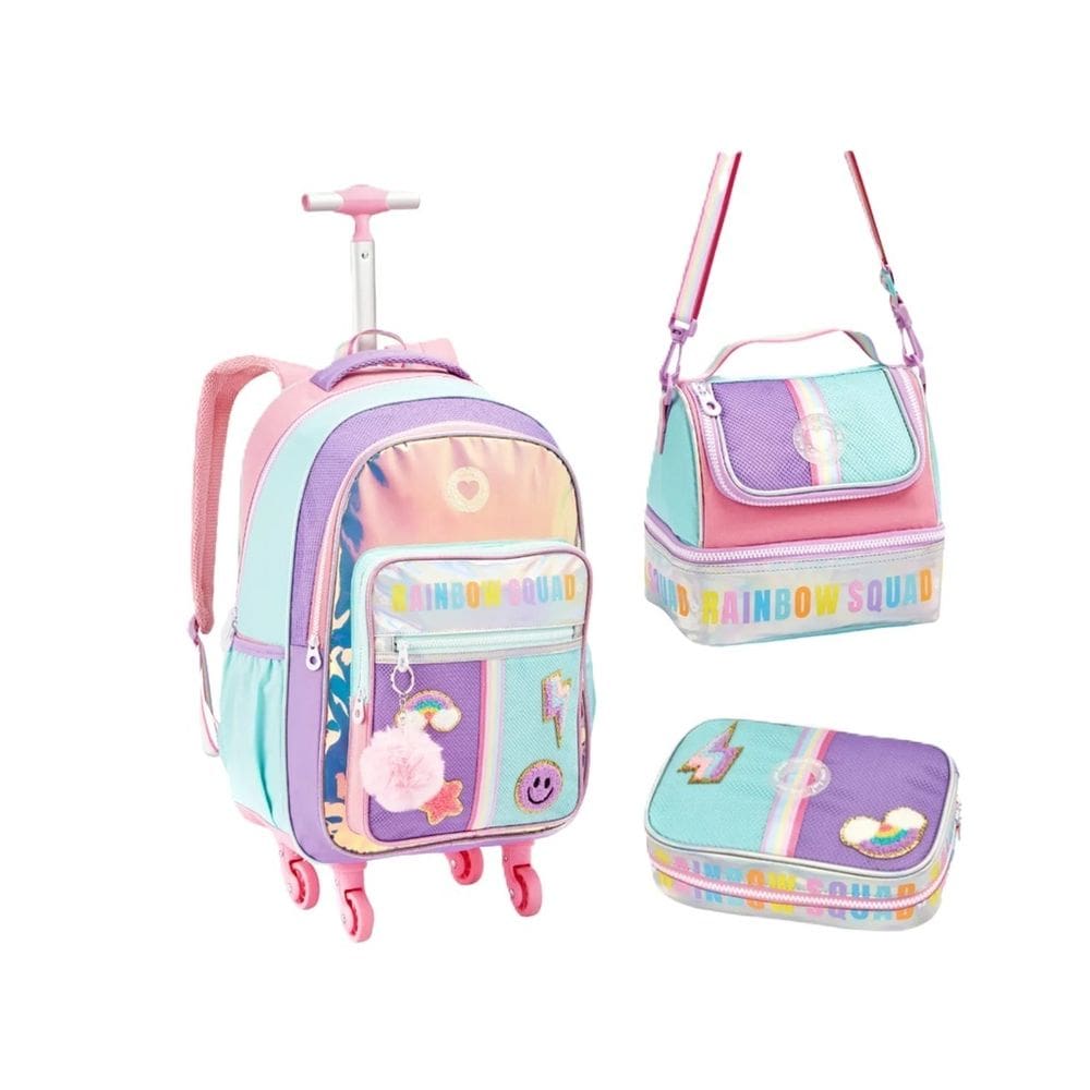 Mochila de carrinho escolar Com 4 Rodas 360 + Lancheira + Estojo Rainbow Just