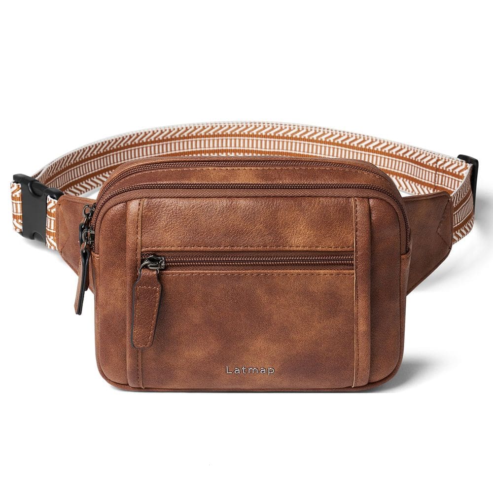 Fanny Pack LATMAP 3L com zíper triplo unissex em couro sintético marrom