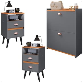 Kit 2 Mesas Cabeceira Classic Nicho Organizador Sapateira Gavetas Basculante Porta 12 Pares Calçados Closet Cinza/Cinamomo - Lojas RPM