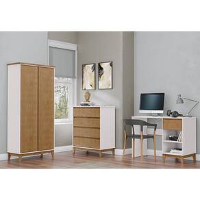 Conjunto Quarto: Guarda-Roupa 2 Portas Cômoda 4 Gavetas, Escrivaninha Off White/Freijó Prata Madeira Pinus - Finestra