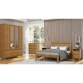Conjunto Quarto: Guarda-Roupa 4 Portas Cama Casal Cômoda 2 Mesas Cabeceiras Freijó Prata Madeira Pinus - Finestra