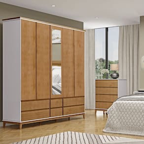 Conjunto Quarto: Guarda-Roupa 5 Portas 6 Gavetas Cômoda 4 Gavetas Off White/Freijó Prata Madeira Pinus - Finestra