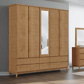 Guarda-Roupa Casal 5 Portas Espelhos 6 Gavetas Freijó Prata Madeira Pinus com MDF - Finestra