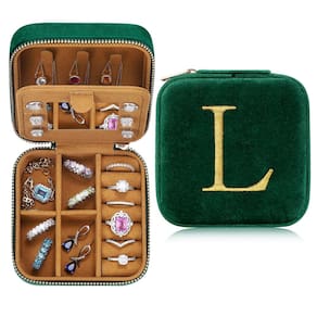 Caixa de joias Parima Sister Plush Velvet Emerald-Green Letter L