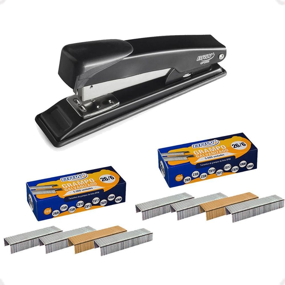 Grampeador Preto De Metal 14Cm + 2 Caixas Com 5000 Grampos