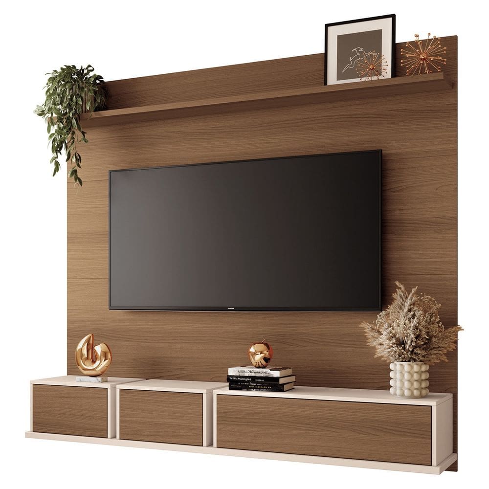 Painel TV 70 Pol 180cm Bancada Suspensa Mone H01 Off/Castanho - Mpozenato