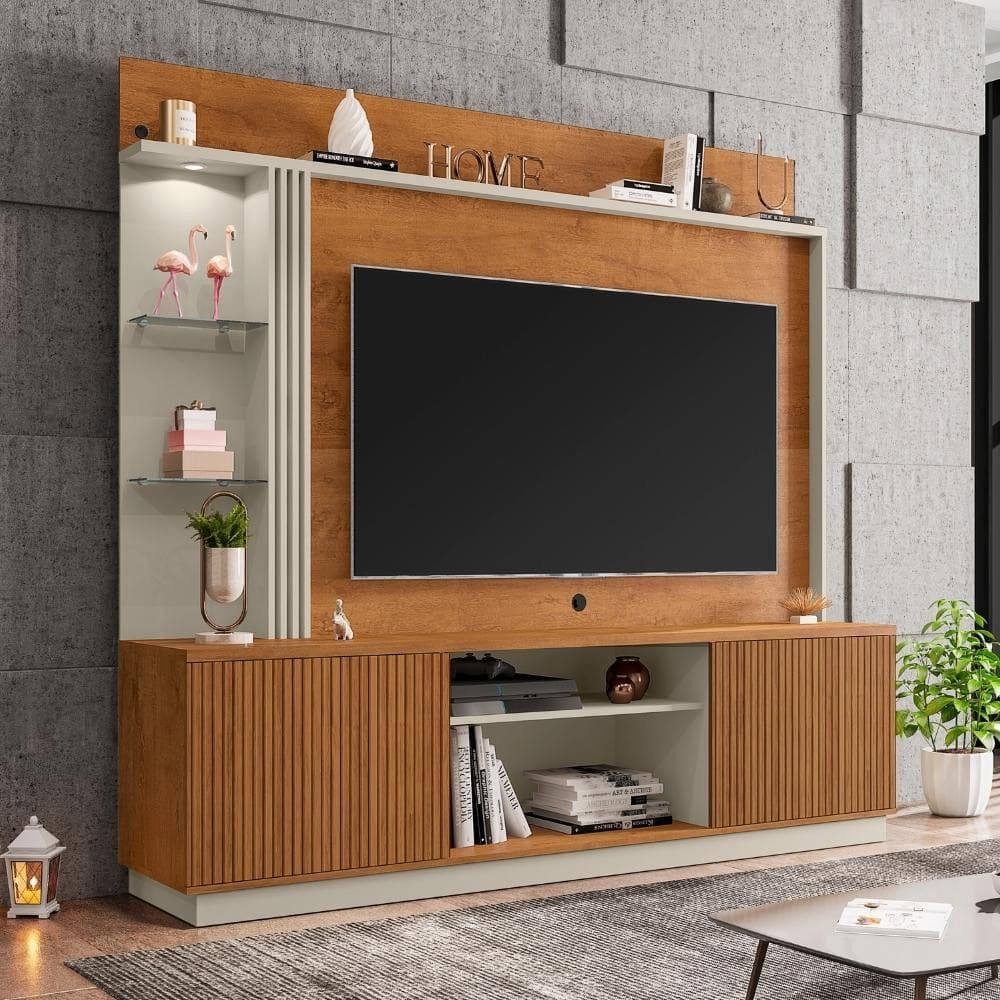 Estante Home para TV até 65 Polegadas com LED e Prateleira de Vidro 2 Portas e Rodízios Atlanta Bechara