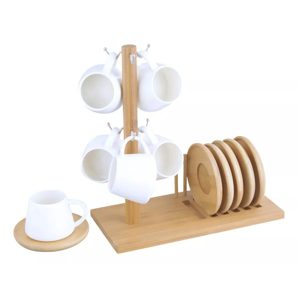 Conjunto 6 Xicaras Para Café em Cerâmica com Suporte e Pires em Bambu Oasis Hauskraft