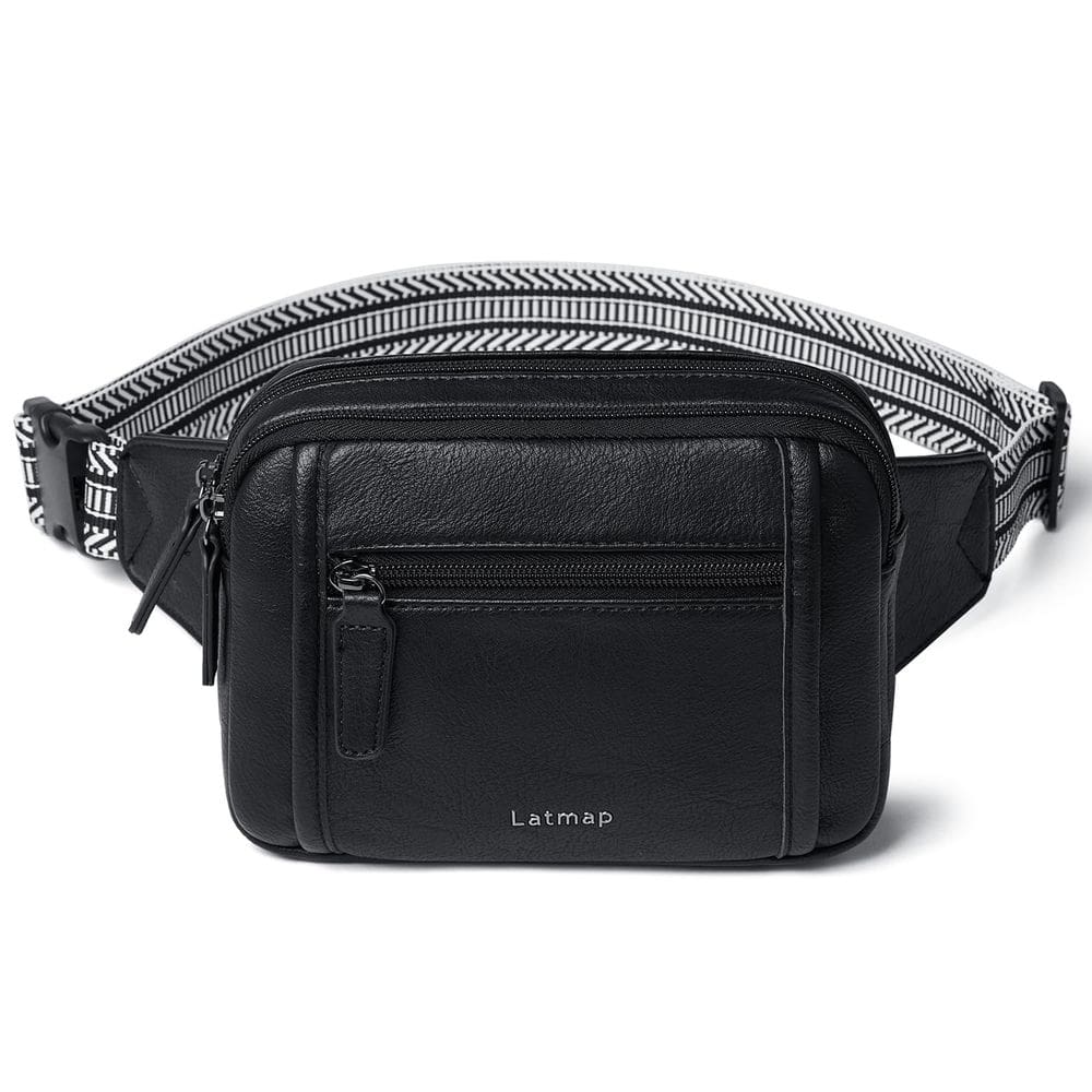Fanny Pack LATMAP 3L com zíper triplo unissex em couro sintético preto