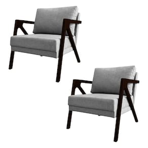 Kit 2 Poltronas Mona Monique Luxo Base Madeira Maciça Castanho Linho Cinza